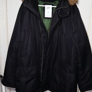 GAP Black Men's Coat with Imitation Fur Hood